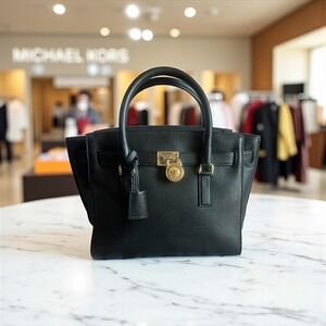 Michael Kors black Saffiano leather Hamilton East West Studio gold bag tote